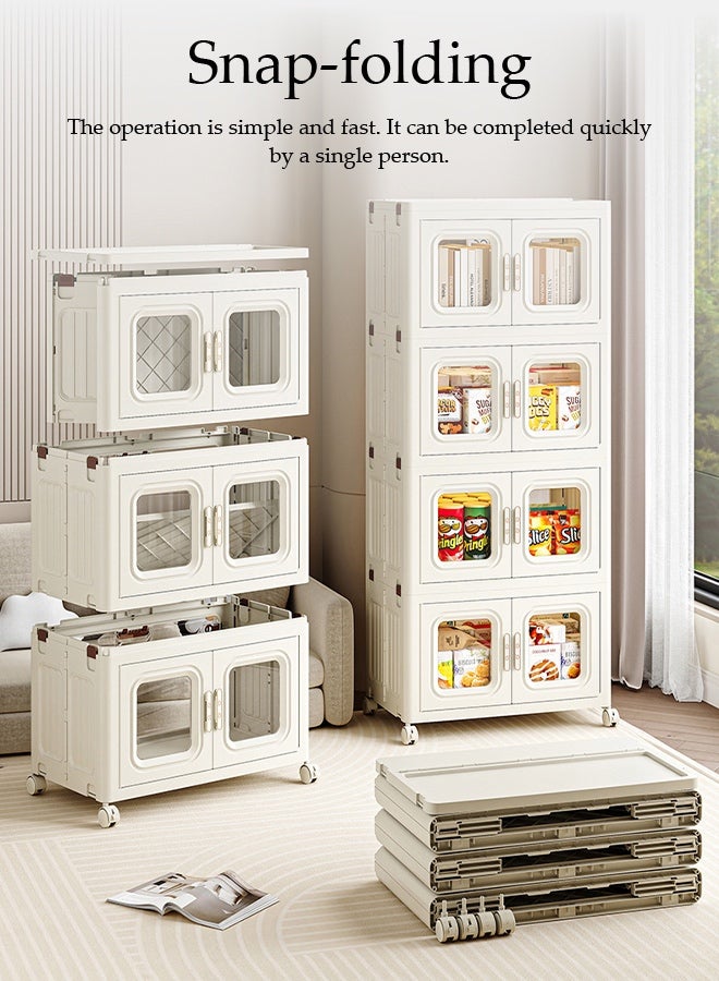 Spides 4 Tiers Foldable Storage Cabinet Multifunctional Double Door Stackable Plastic Storage Bins Cabinet with Wheels Large Capacity Thickened Multi-layer Storage Cabinet for Home, Office，Bedroom， Living Room， Study - Image 3